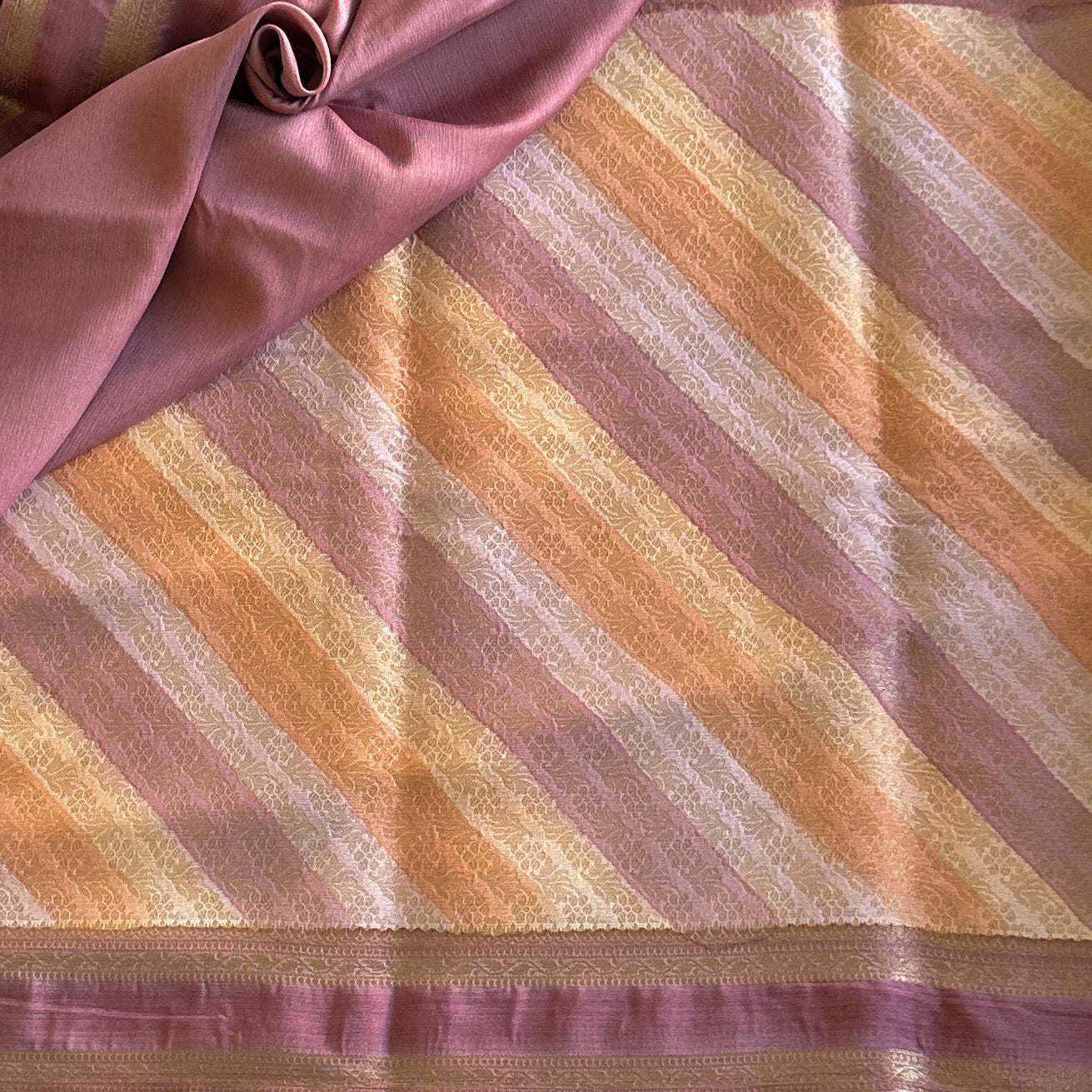 Mauve Gold Silk Diagonal Stripe Saree with Floral Jacquard Pallu