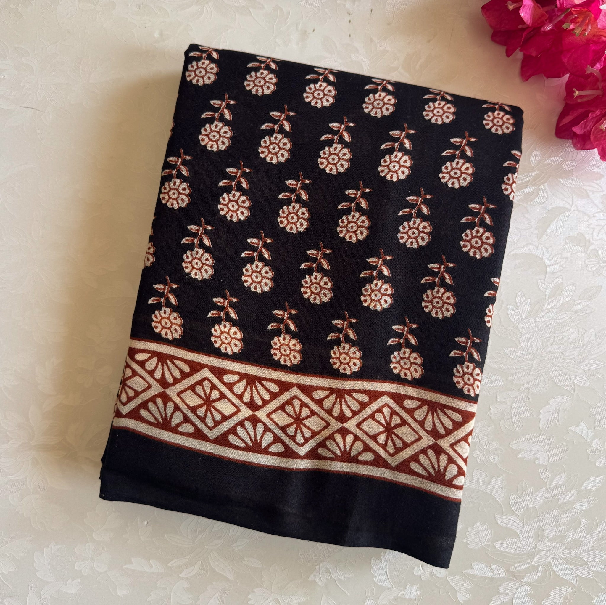 Black Ivory Block Print Saree Paisley Floral Geometric Border