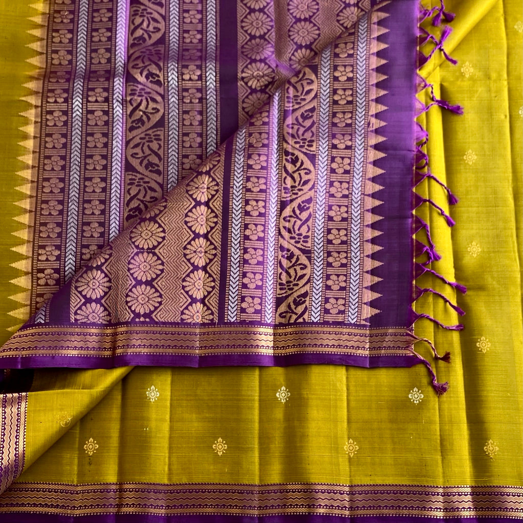 Olive Green Designer Pure Silk Saree With Royal Purple Pallu