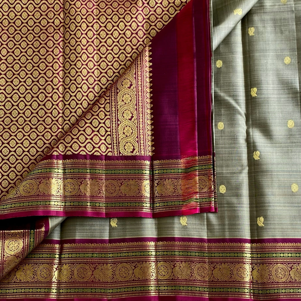 Sage Greyish Kanjeevaram Pure Zari Silk Saree With Deep Magenta Pallu