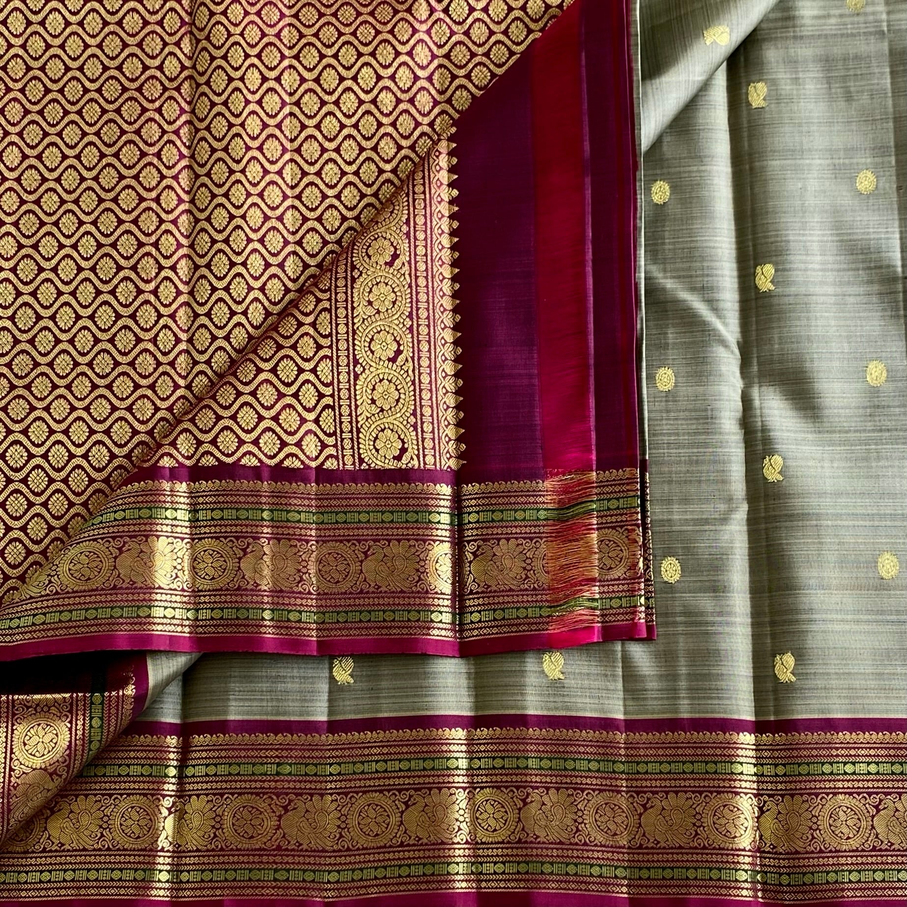 Sage Greyish Kanjeevaram Pure Zari Silk Saree With Deep Magenta Pallu