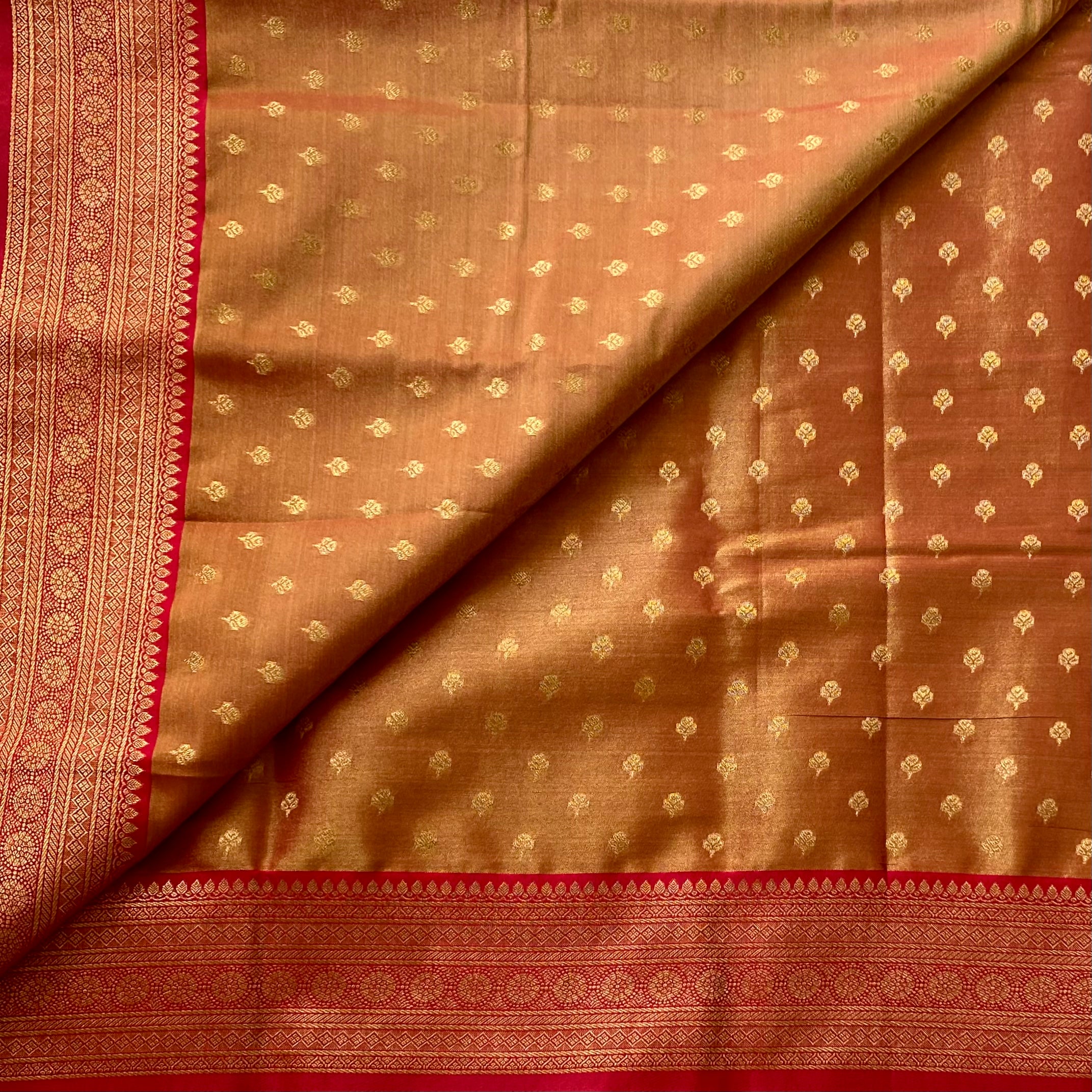 Rust Orange Silk Saree Gold Buti Magenta Brocade Border
