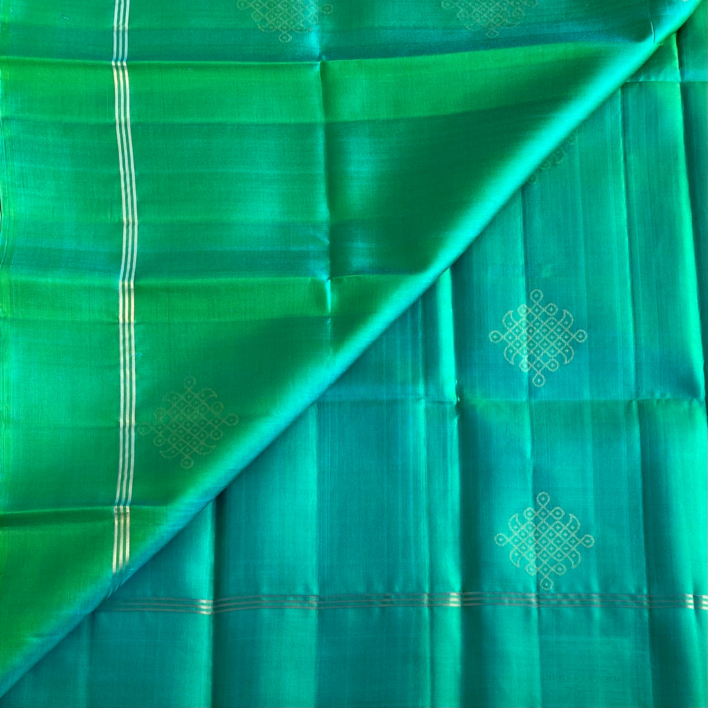 Sea Green Kollam Designer Pure Silk Saree With Antique Gold Pallu