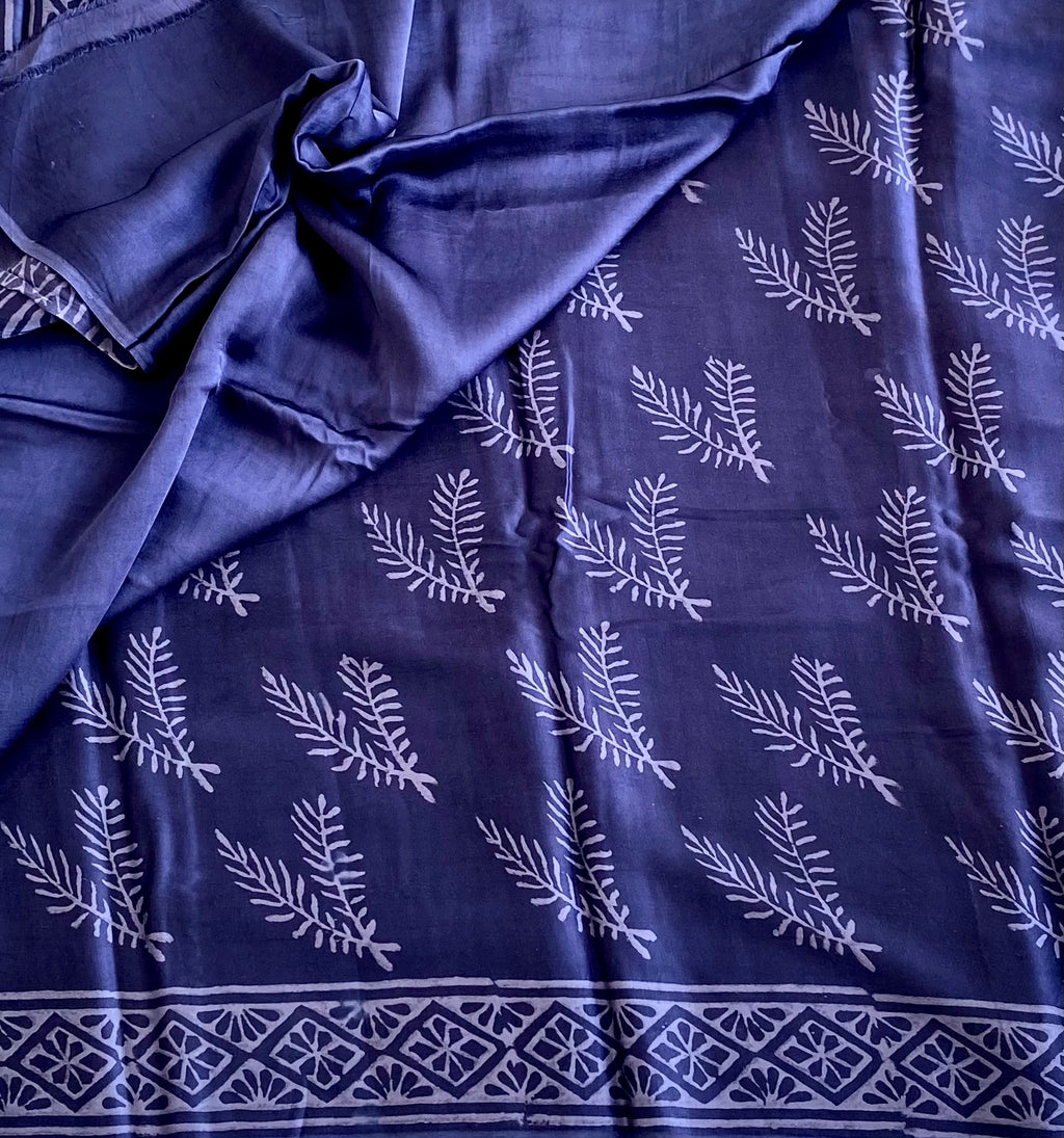 Midnight Indigo Blue Ajrakh Handblock Printed Silk m With Muted Lilac Border
