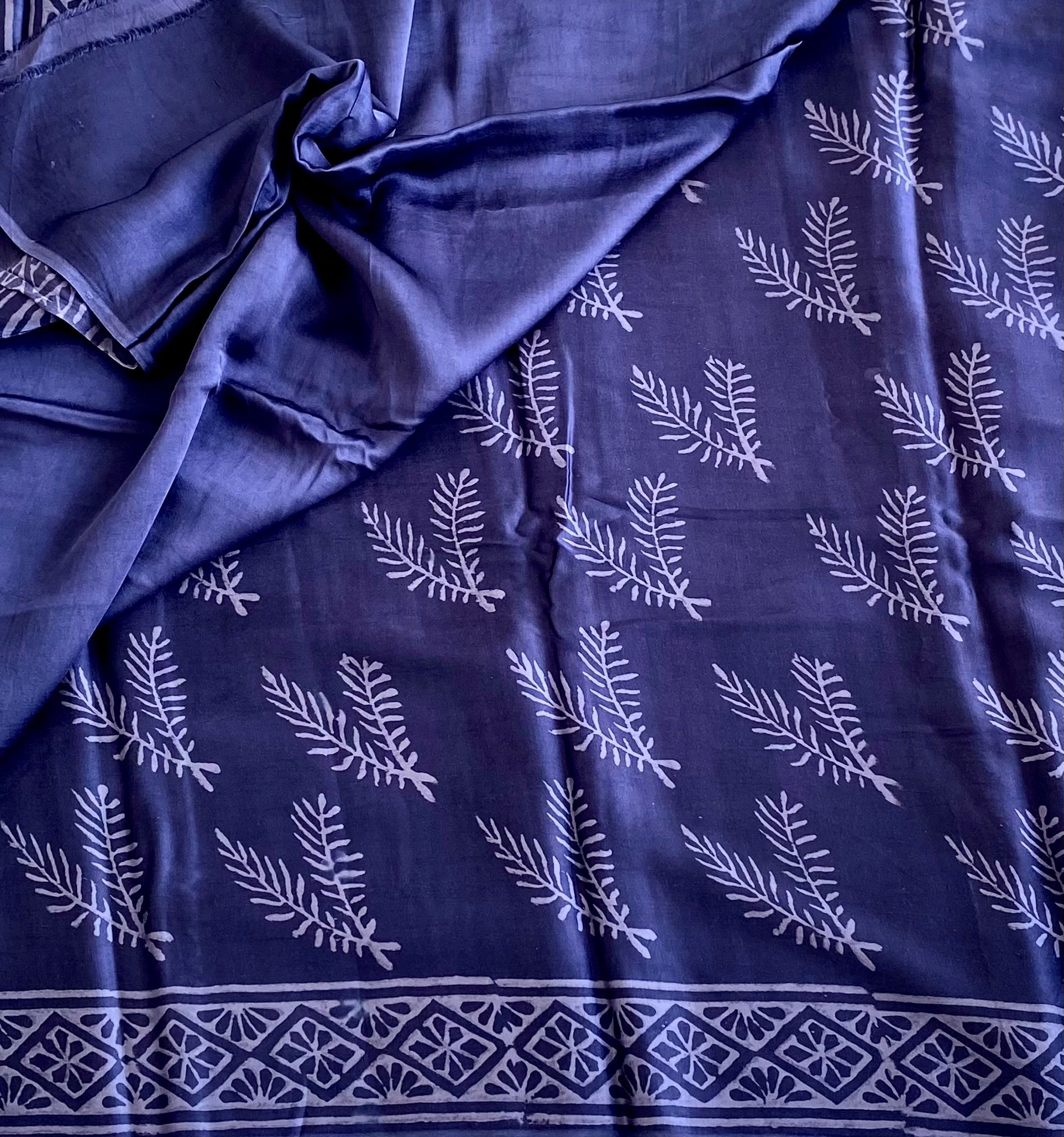 Midnight Indigo Blue Ajrakh Handblock Printed Silk m With Muted Lilac Border