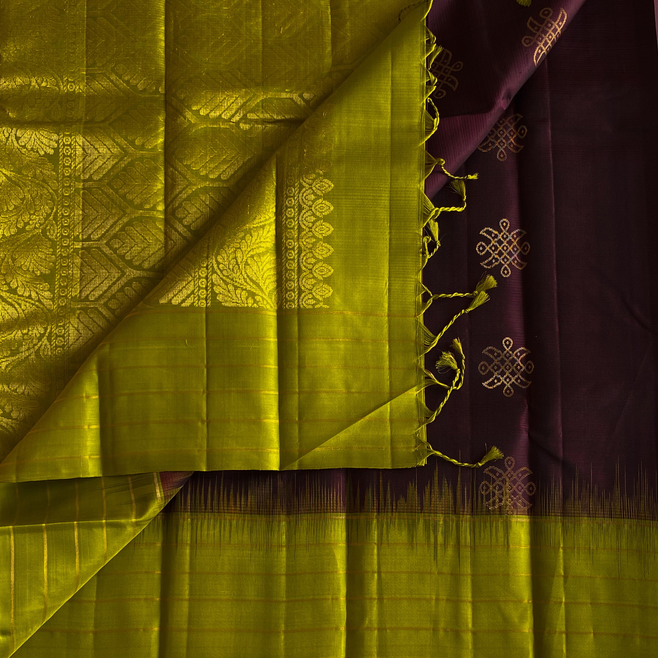 Classy Chocolate Brown With Chartreuse Green Kollam Zari Woven Pure Silk