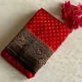 Crimson Red & Jet Black Banarasi Crepe Silk Saree With Antique Zari Buttas
