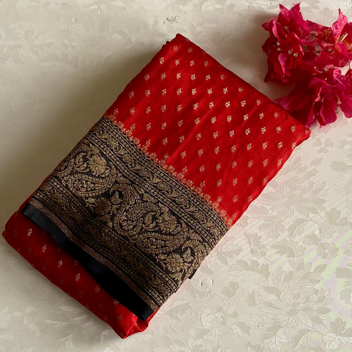 Crimson Red & Jet Black Banarasi Crepe Silk Saree With Antique Zari Buttas