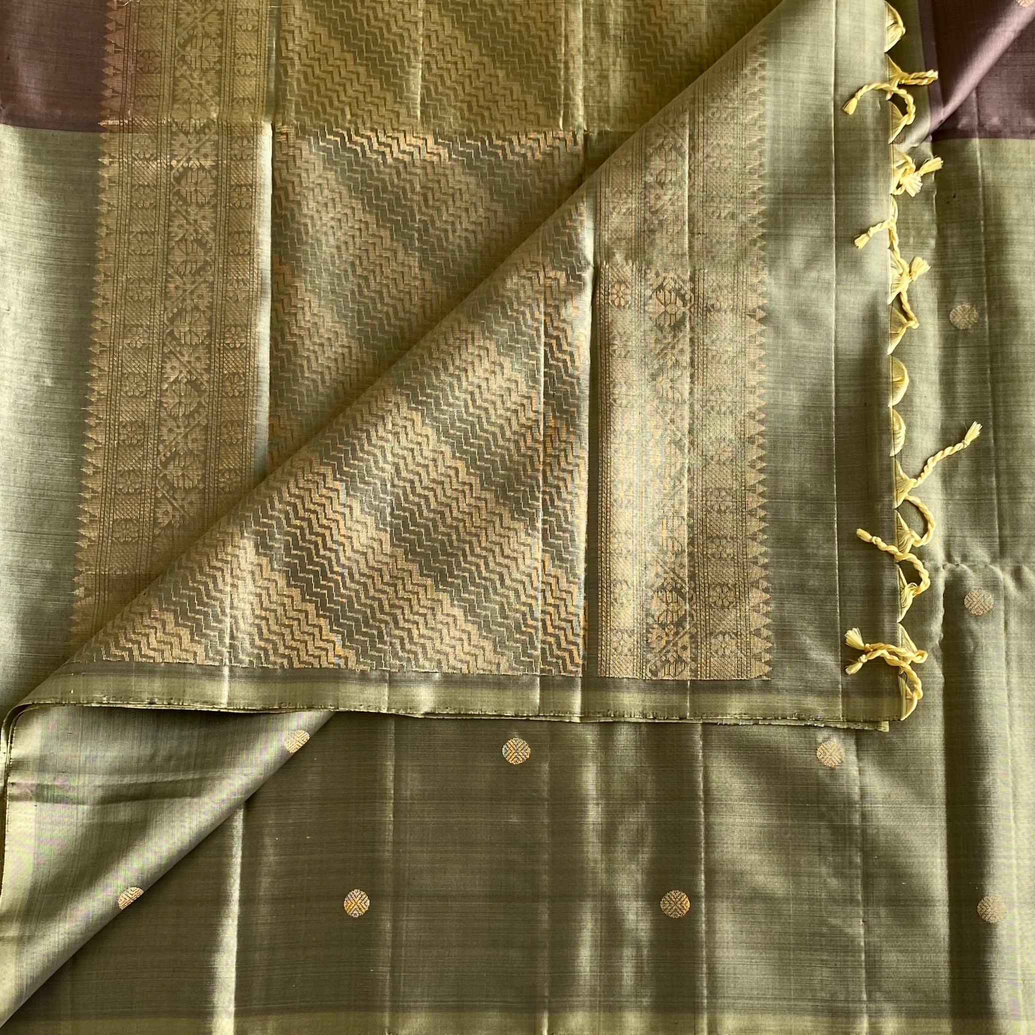 Half n half Greyish Gold with Deep Plum Designer Pure Silk with Zari Woven Buttas