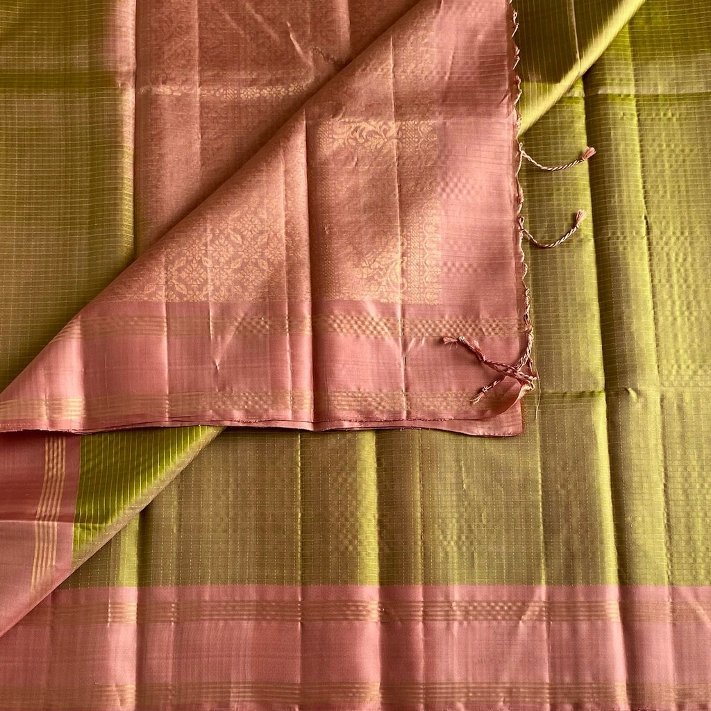 Olive Green Designer Pure Silk Saree With Dusty Rose Pallu
