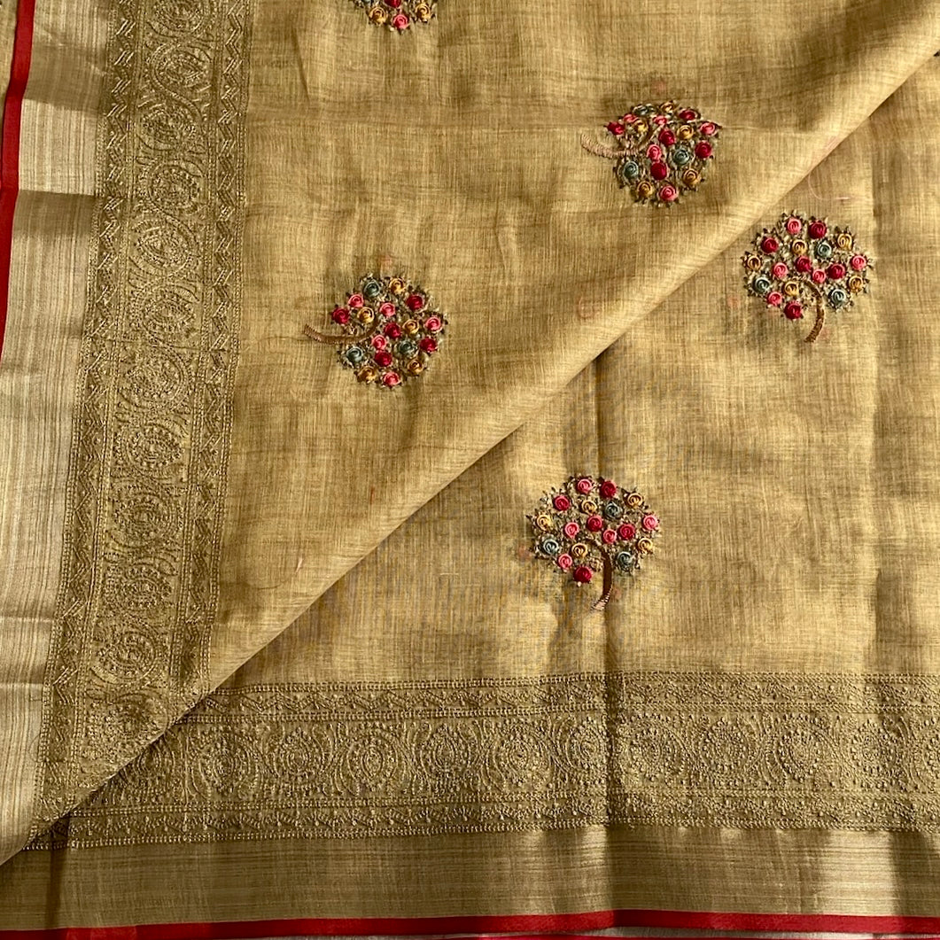 Mustard Gold Soft Linen Embroidered Beauty With Crimson Red Border