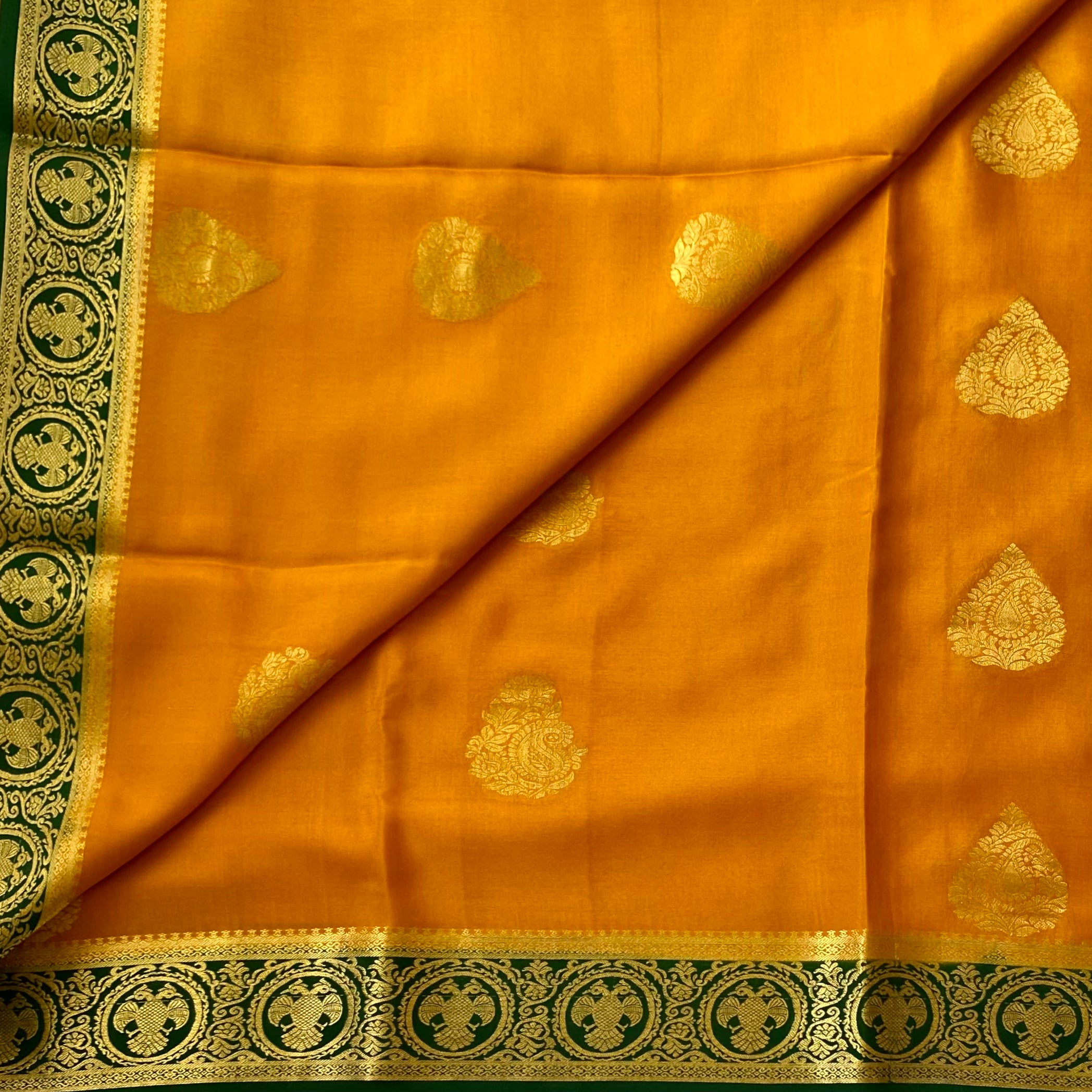 Rich mustard with bottle green designer pure Mysore silk