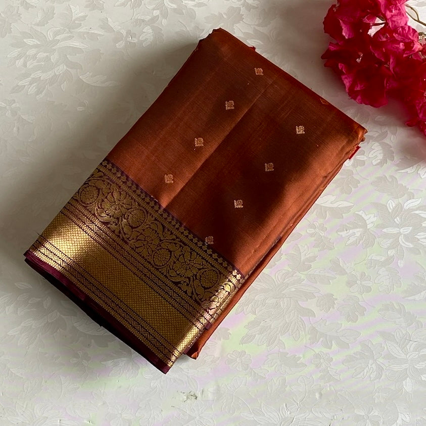 Burnt Orange Designer Pure Silk Saree With Burgundy Border And Gold Pallu