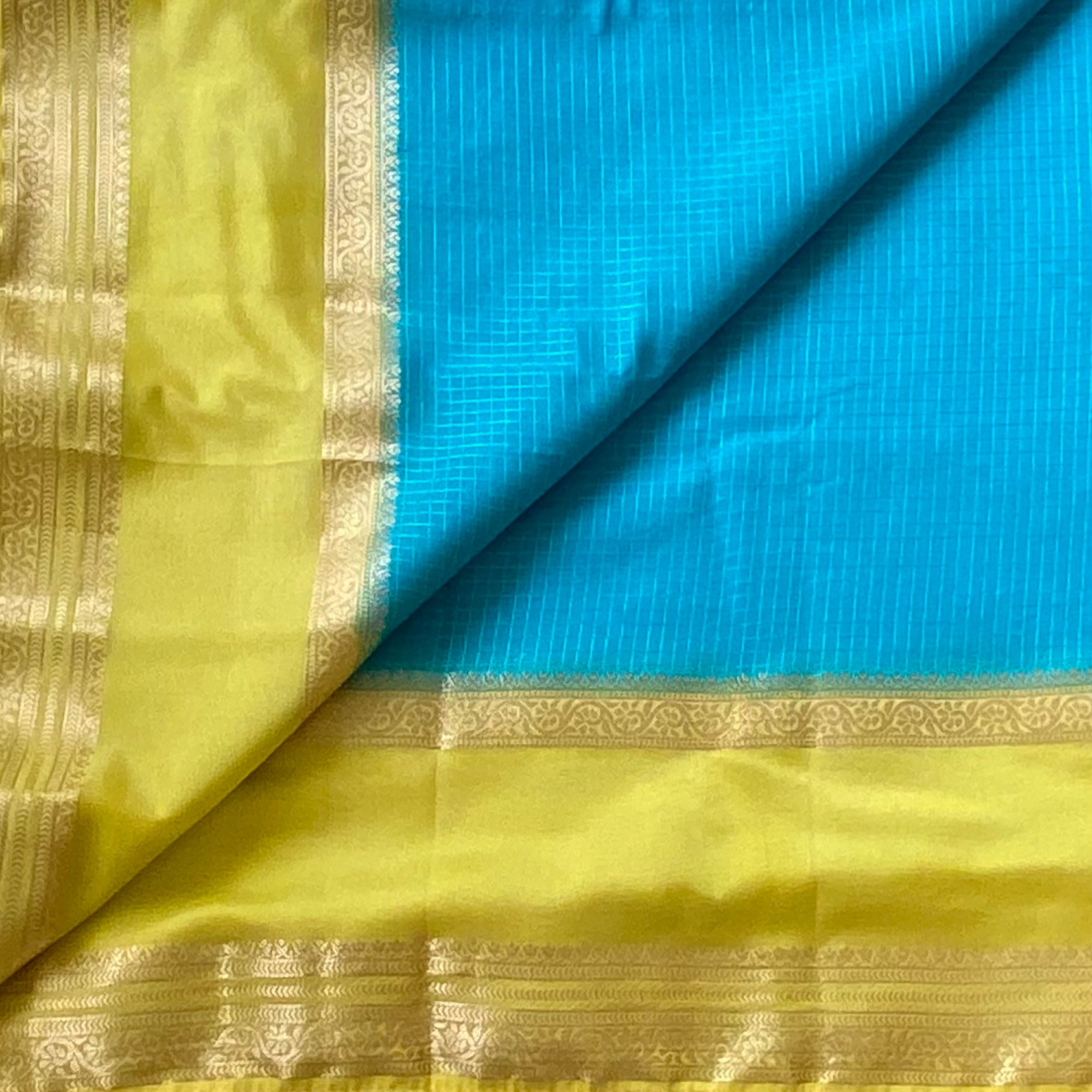 Deep Teal Chartreuse Yellow Saree With Gold Zari Border Traditional