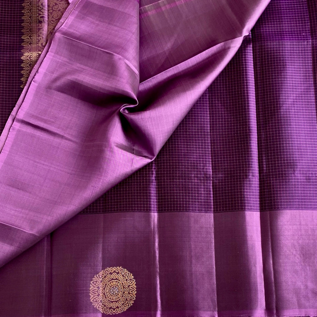 Royal Purple Designer Pure Silk Saree With Antique Gold Pallu Mauve Pink