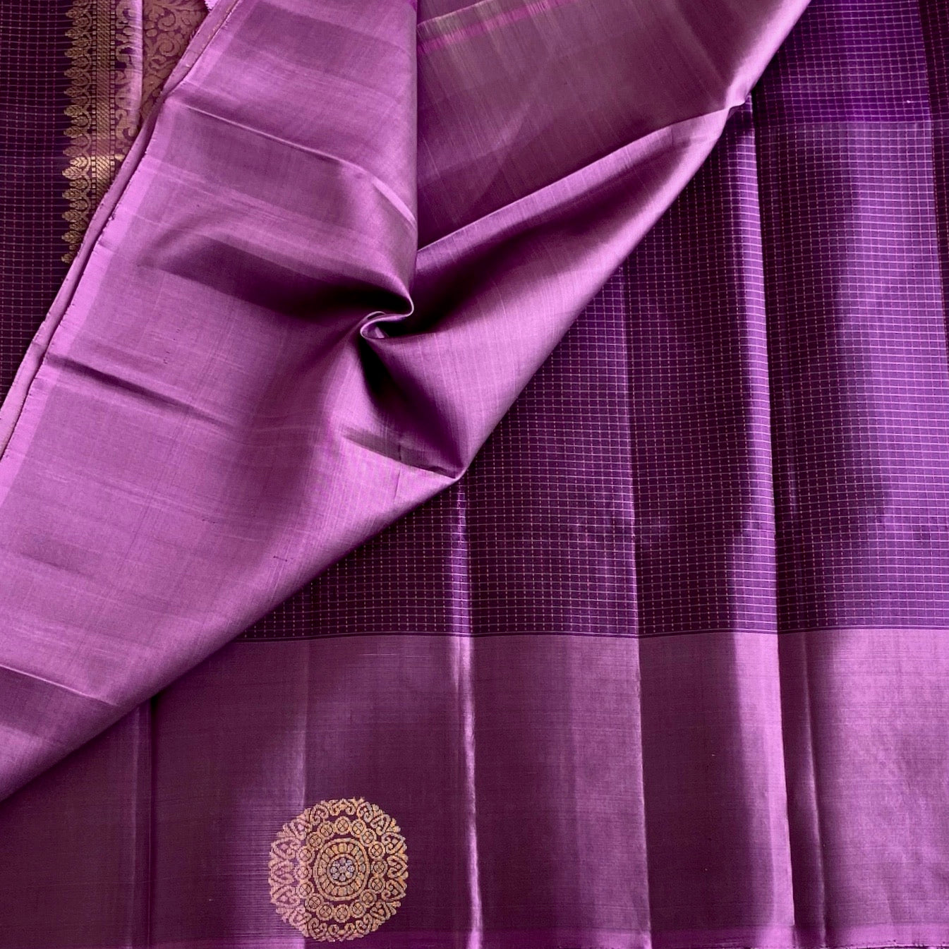 Royal Purple Designer Pure Silk Saree With Antique Gold Pallu Mauve Pink