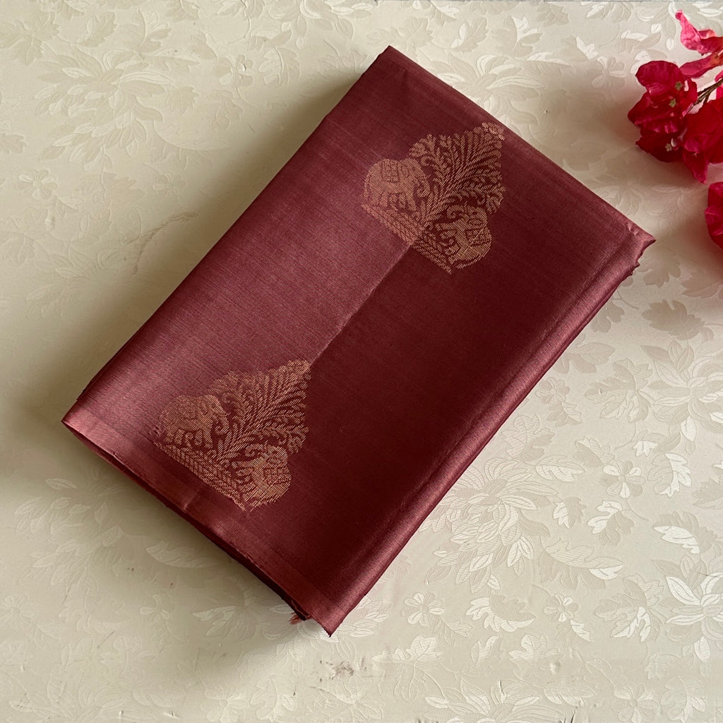 Metallic Bronze Copper Designer Pure Silk Saree Antique Gold Zari Butta Pallu