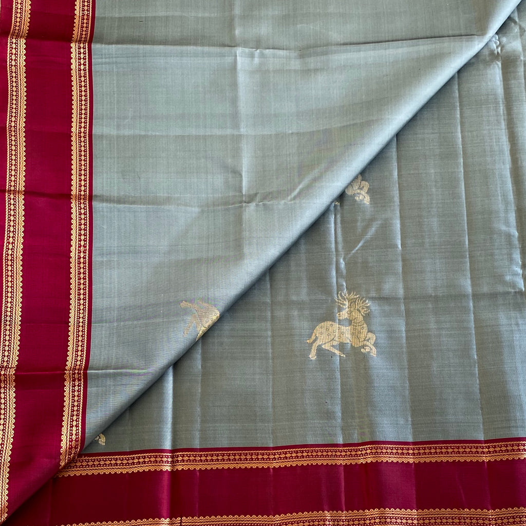 Slate Gray Designer Pure Silk Saree With Deep Magenta Pallu