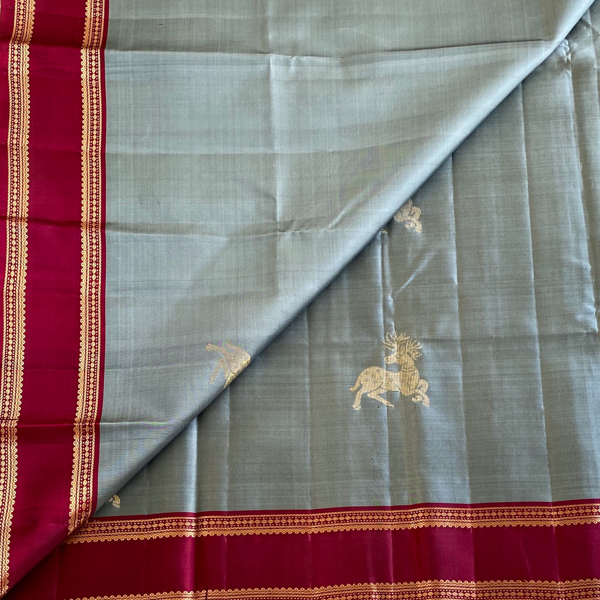 Slate Gray Designer Pure Silk Saree With Deep Magenta Pallu