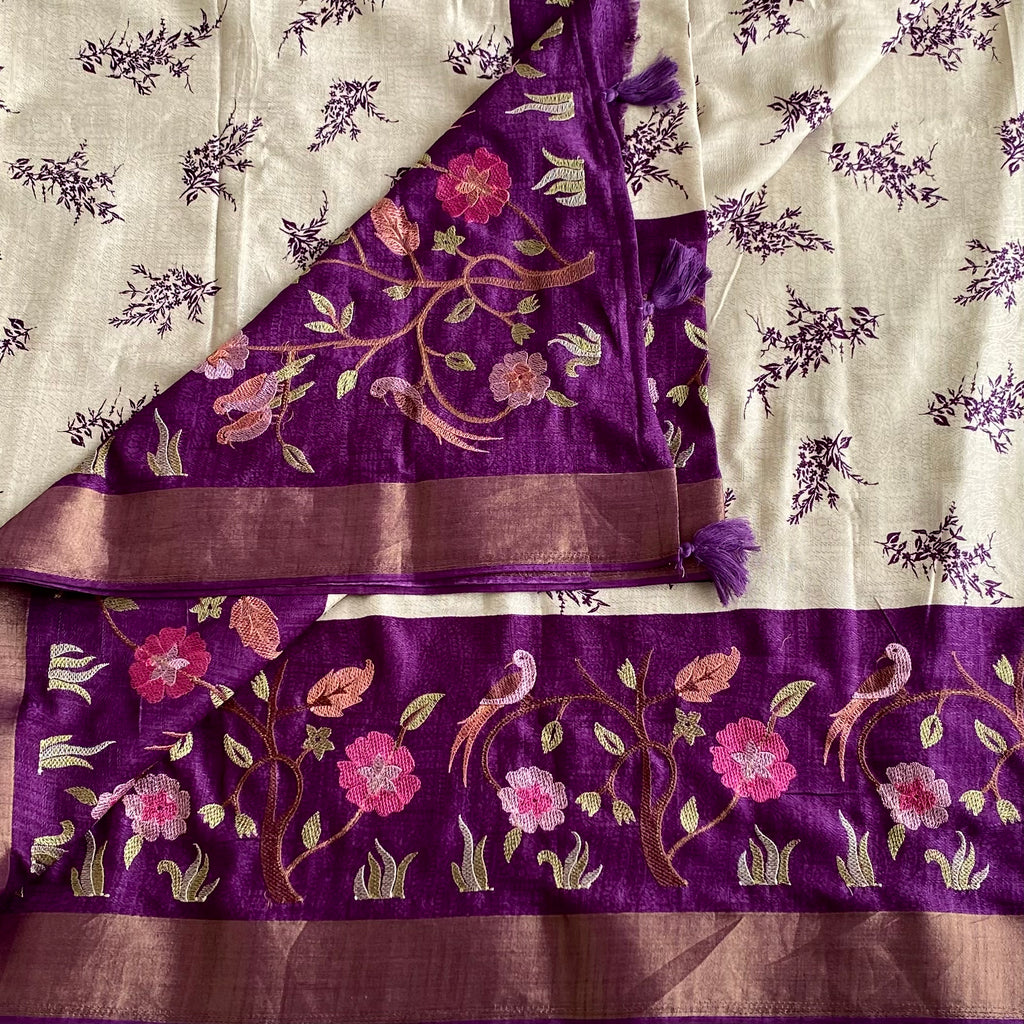 Soft Tussar Silk Ivory Saree With Royal Purple Pallu And Zari Border