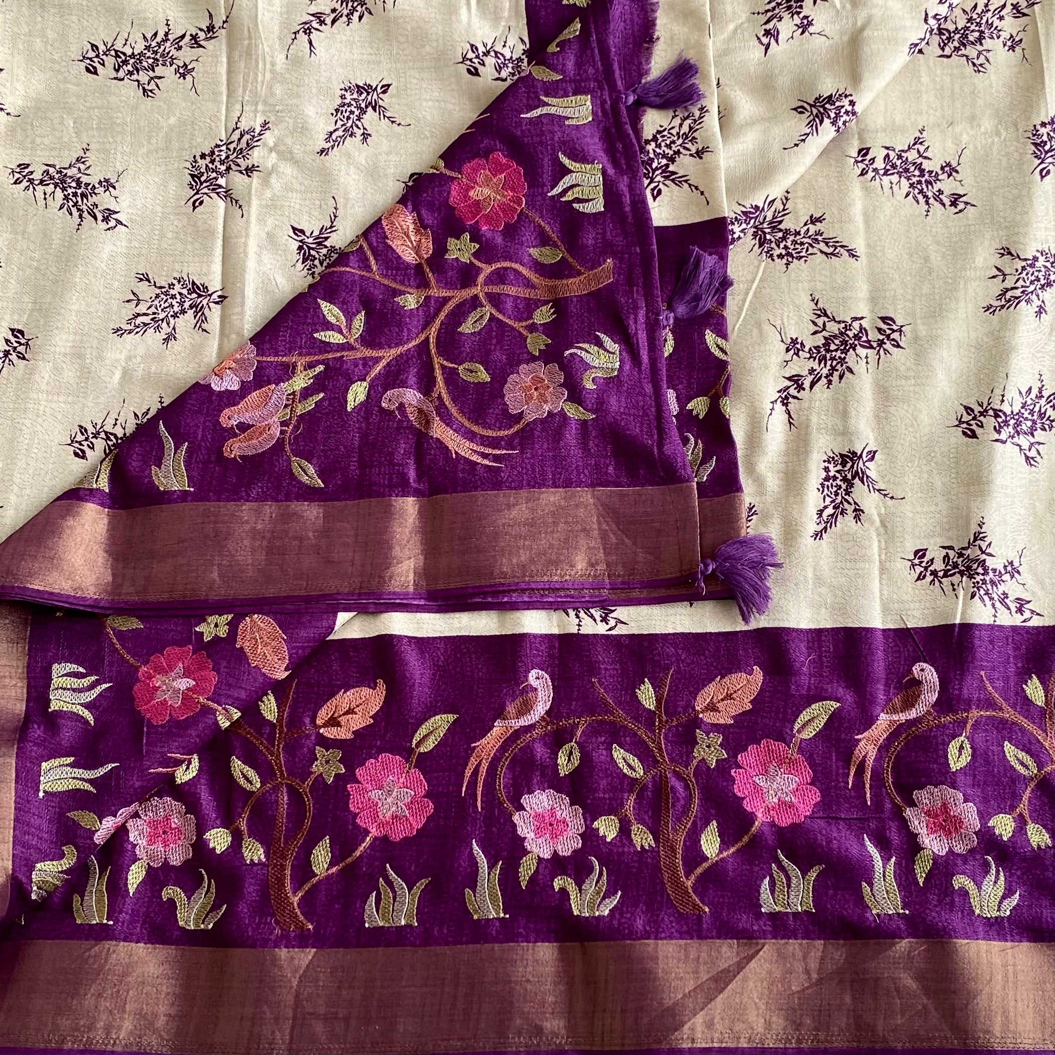 Soft Tussar Silk Ivory Saree With Royal Purple Pallu And Zari Border