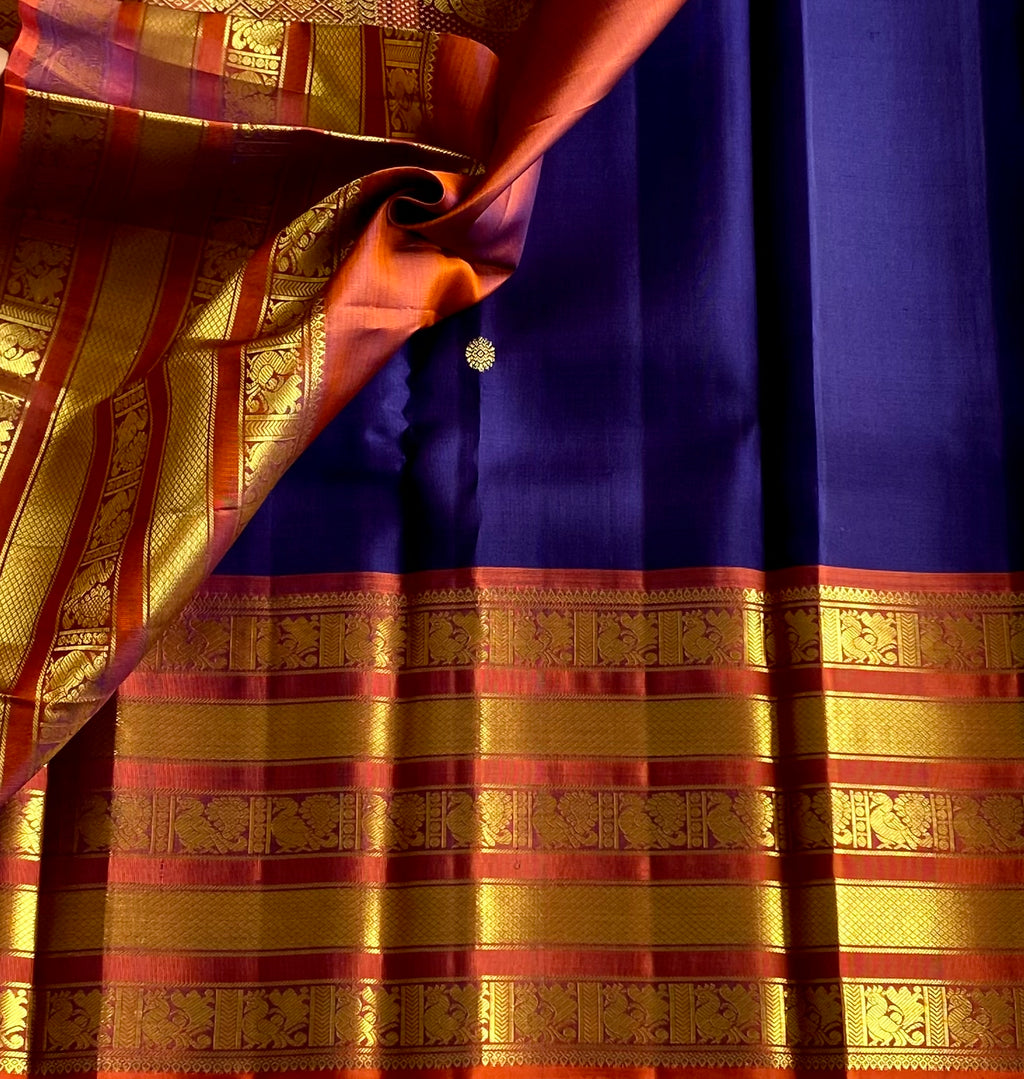 Royal Blue Saffron Orange Silk Saree With Gold Zari Border