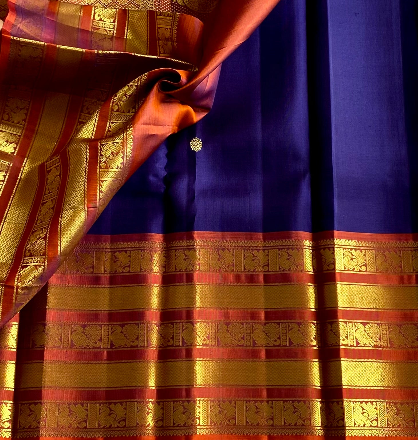 Royal Blue Saffron Orange Silk Saree With Gold Zari Border