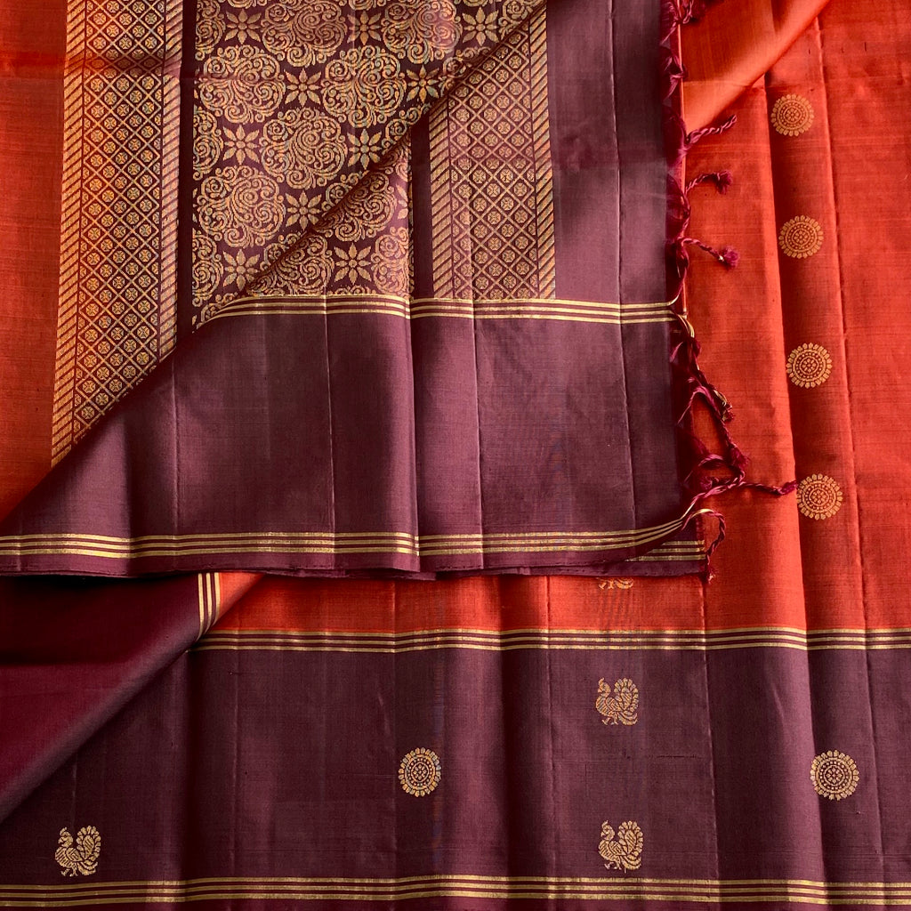 Classic Rust Red with Wine Brown Designer Pure Silk with Intricate Pallu