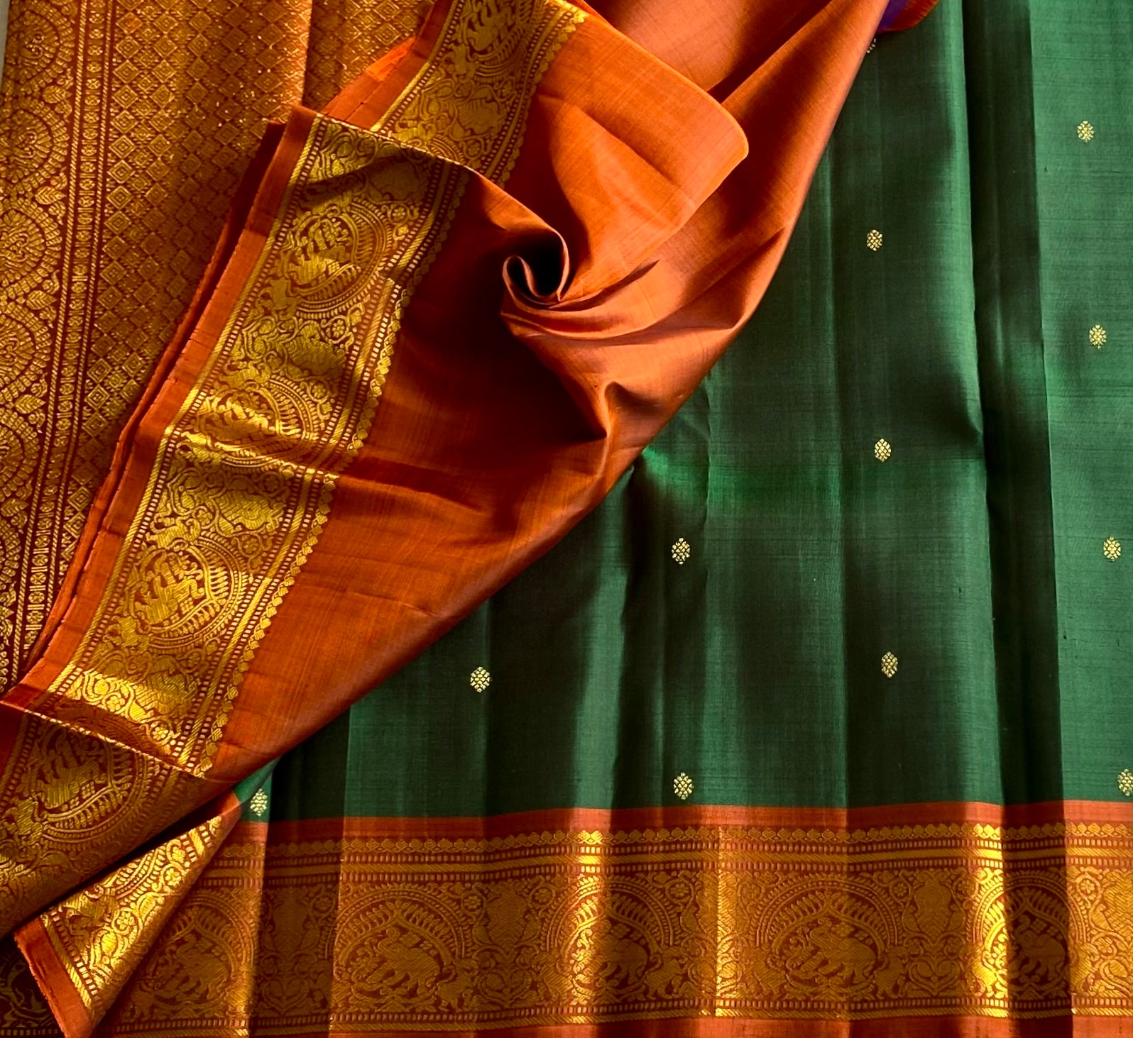 Traditional Emerald Green Saree Rust Orange Pallu Gold Brocade Border
