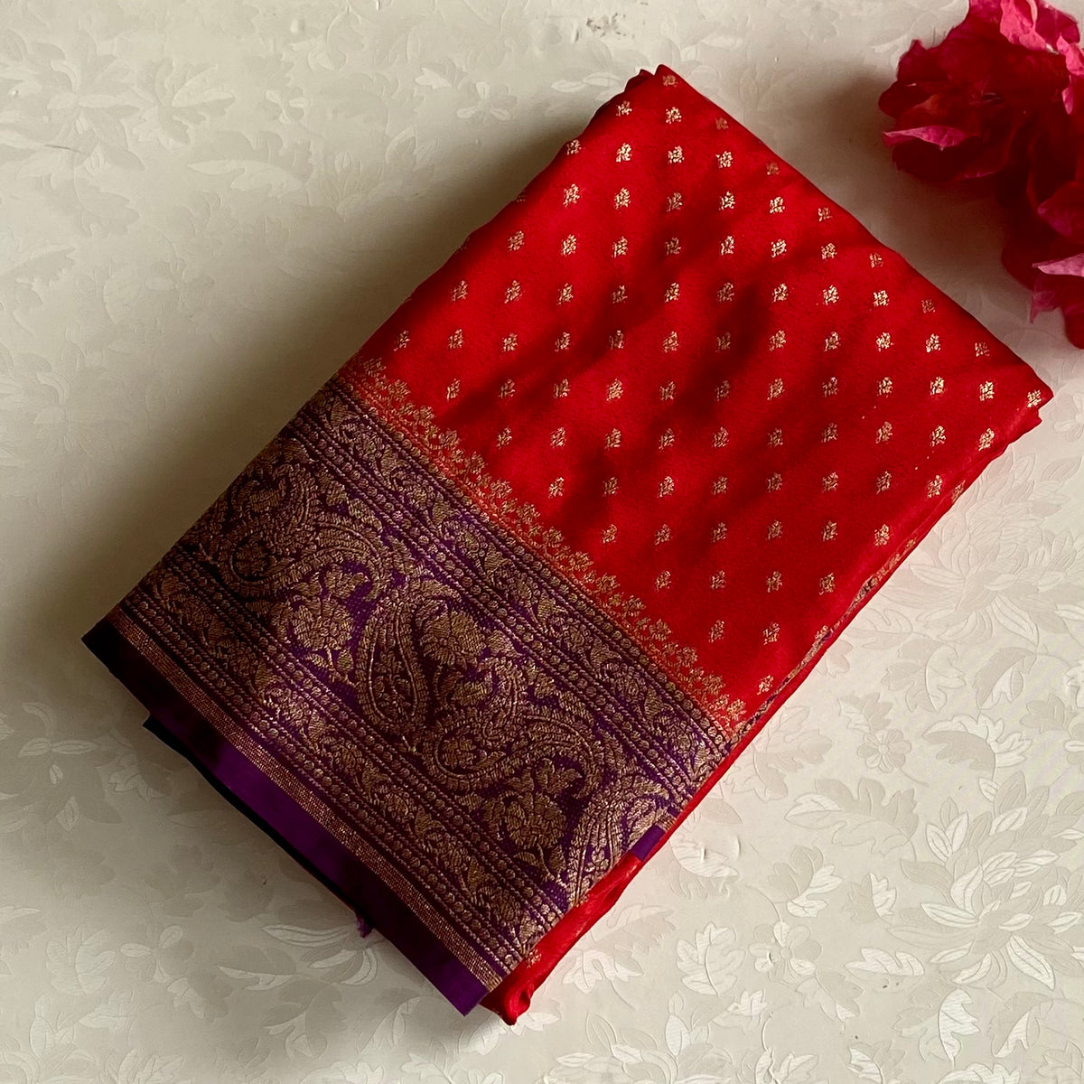 Scarlet Red Banarasi Crepe Silk Saree With Royal Purple Pallu