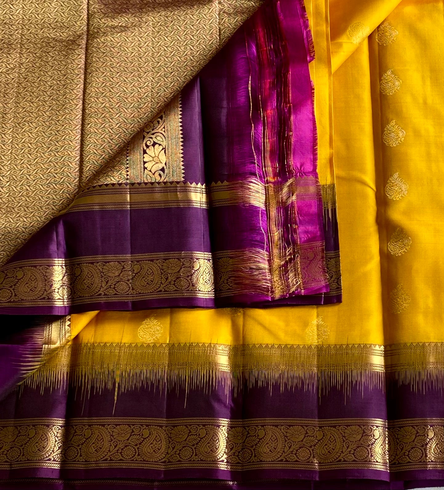 Golden Yellow Silk Saree Royal Purple Pallu Gold Zari Border