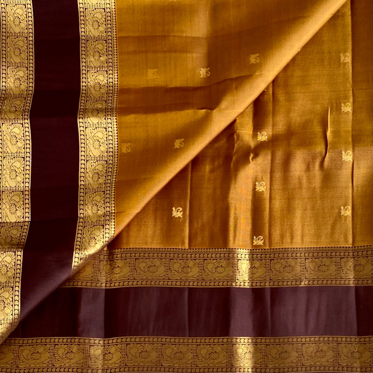 Deep Maroon Designer Pure Silk Saree With Mustard Gold Pallu Brocade Border