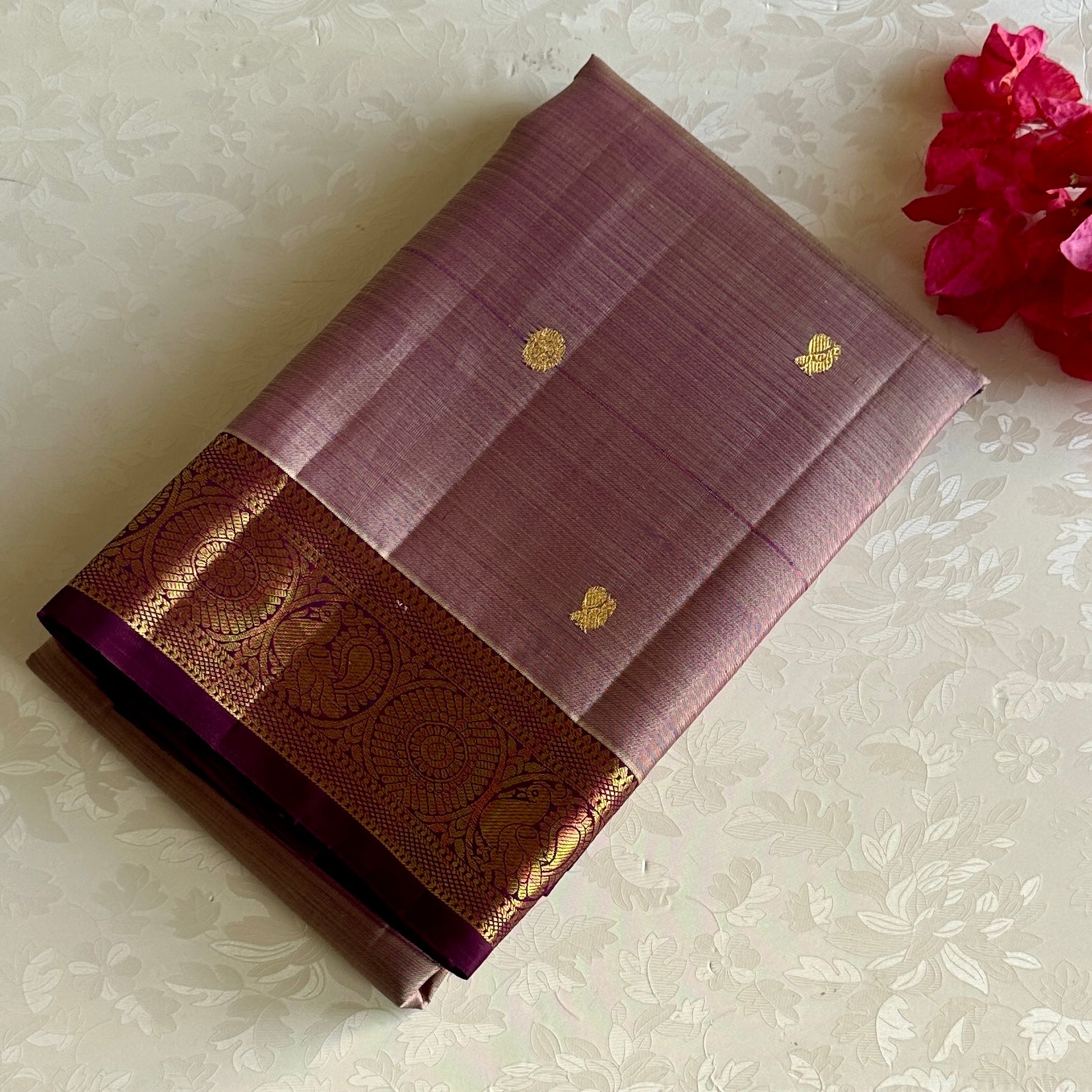 Dusty Mauve Kanjeevaram Pure Zari Silk With Royal Magenta Pallu