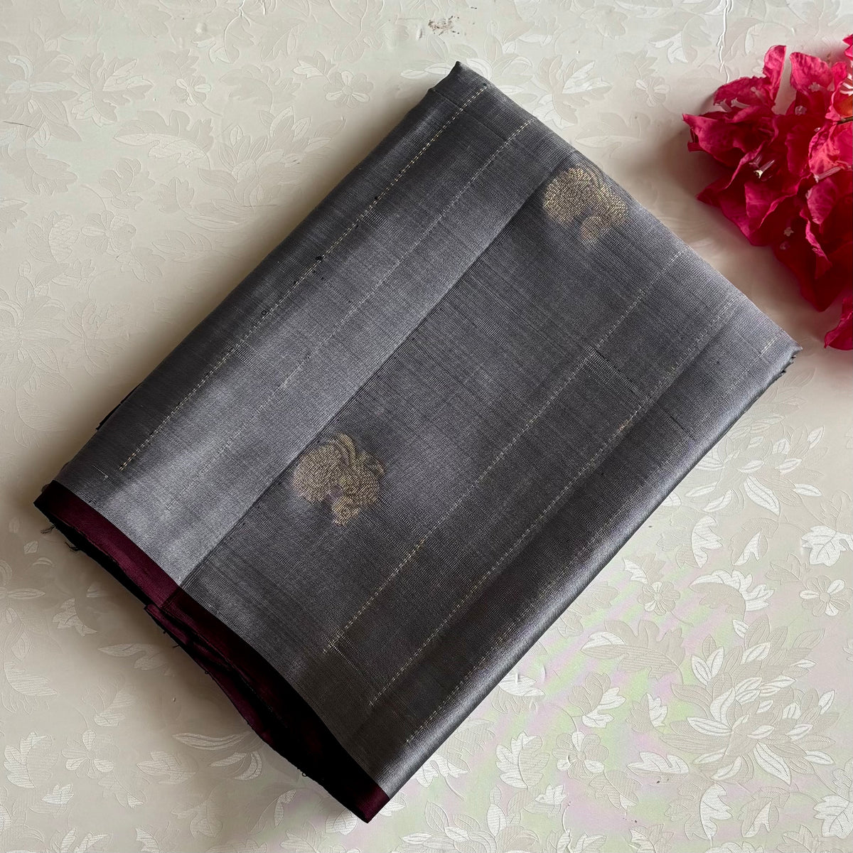 Silver Grey Designer Pure Silk Saree With Wine Maroon Pallu And Zari