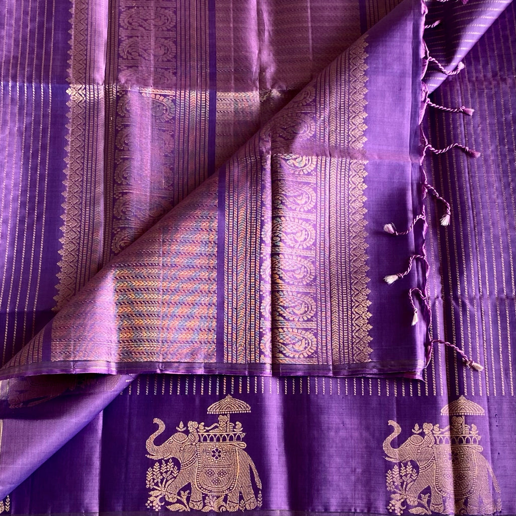 Metallic Lavender Designer Pure Silk Saree With Antique Gold Motifs
