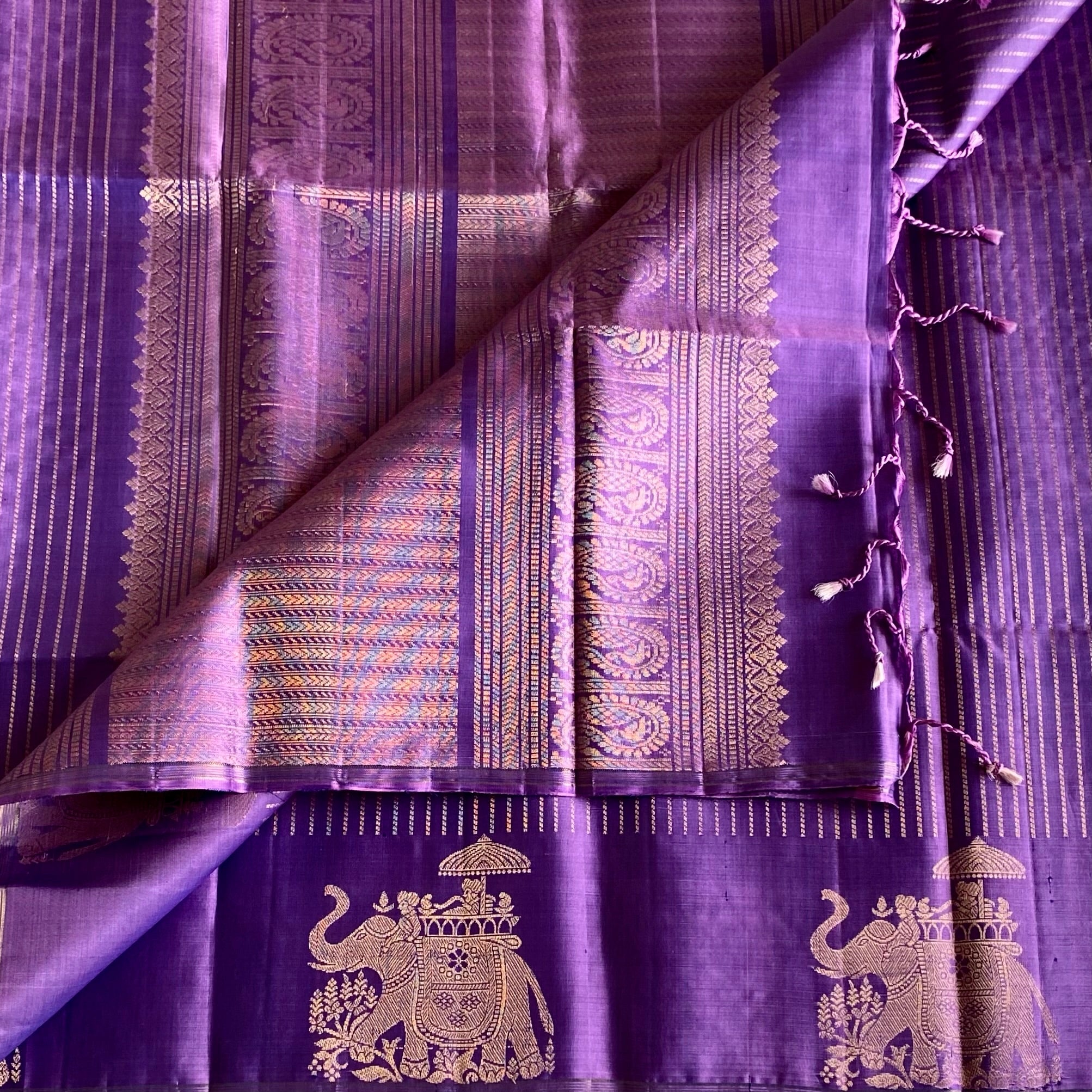 Metallic Lavender Designer Pure Silk Saree With Antique Gold Motifs