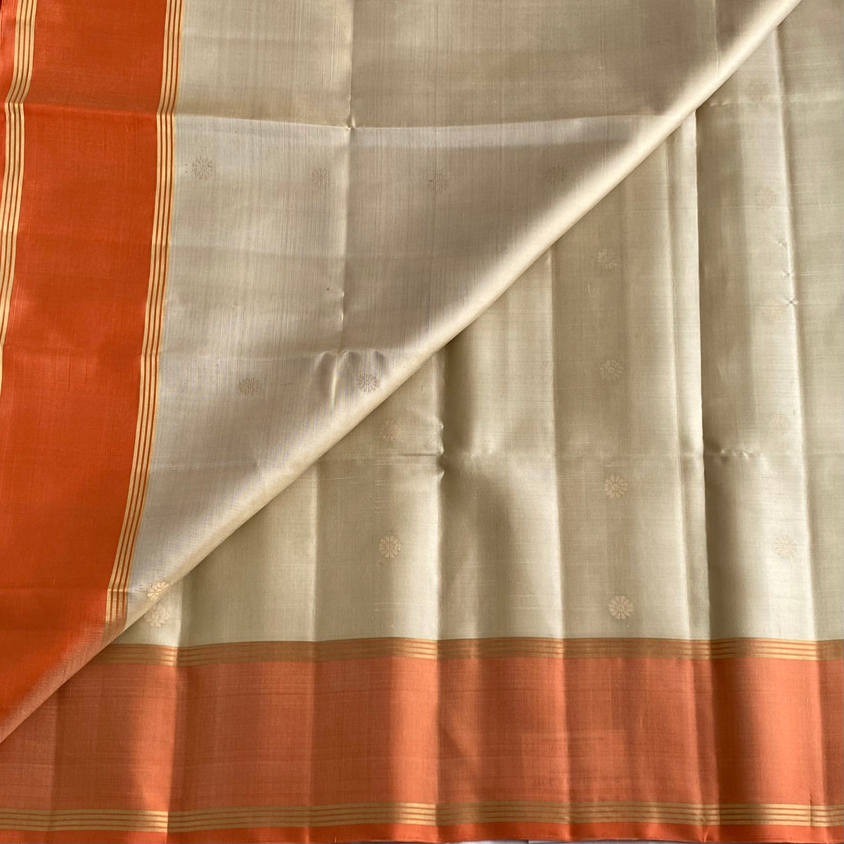 Champagne Beige Designer Pure Silk Saree With Sorbet Orange Pallu