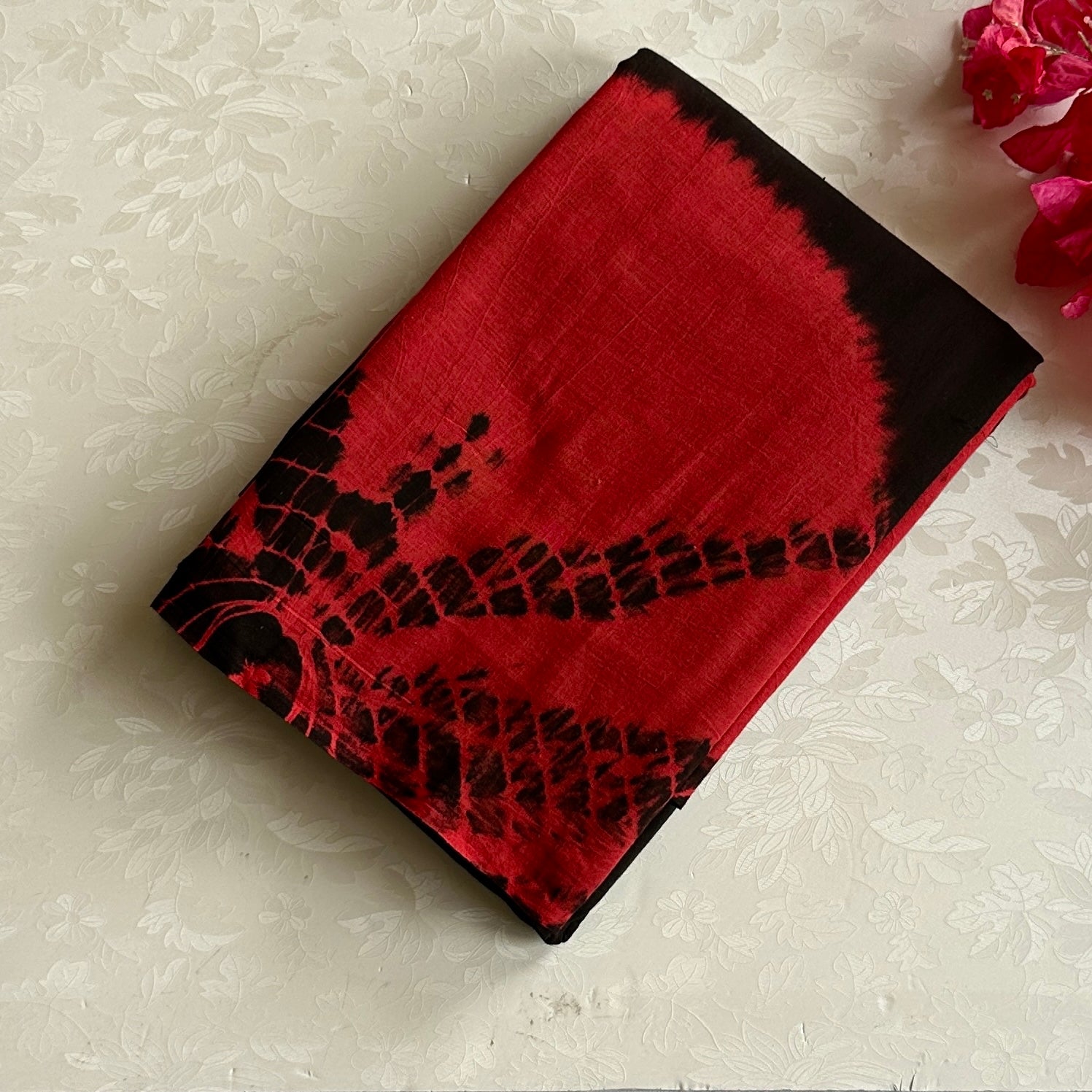 Jet Black Crimson Tie Dye Cotton Saree Bold Starburst Motifs