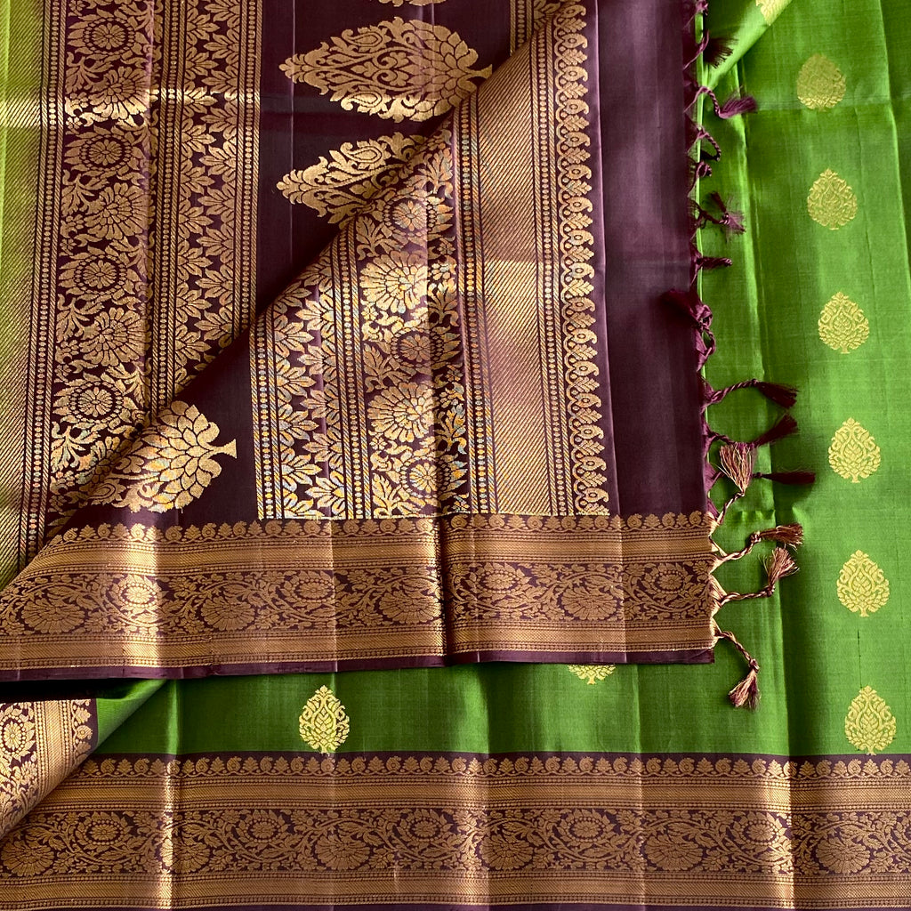 Emerald Green Designer Pure Silk Saree With Plum Purple Pallu