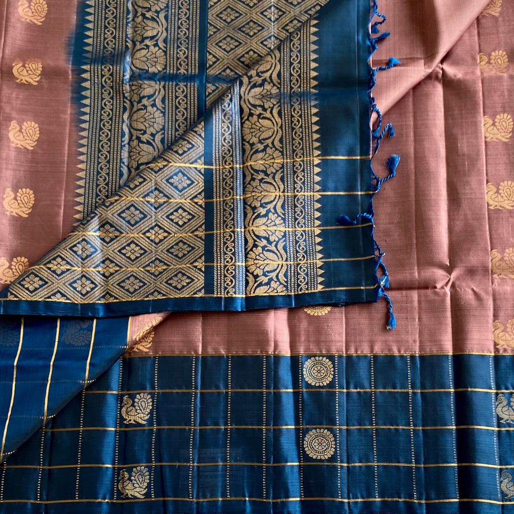 Metallic Dusty Rose Designer Pure Silk Saree With Rich Checkered Blue