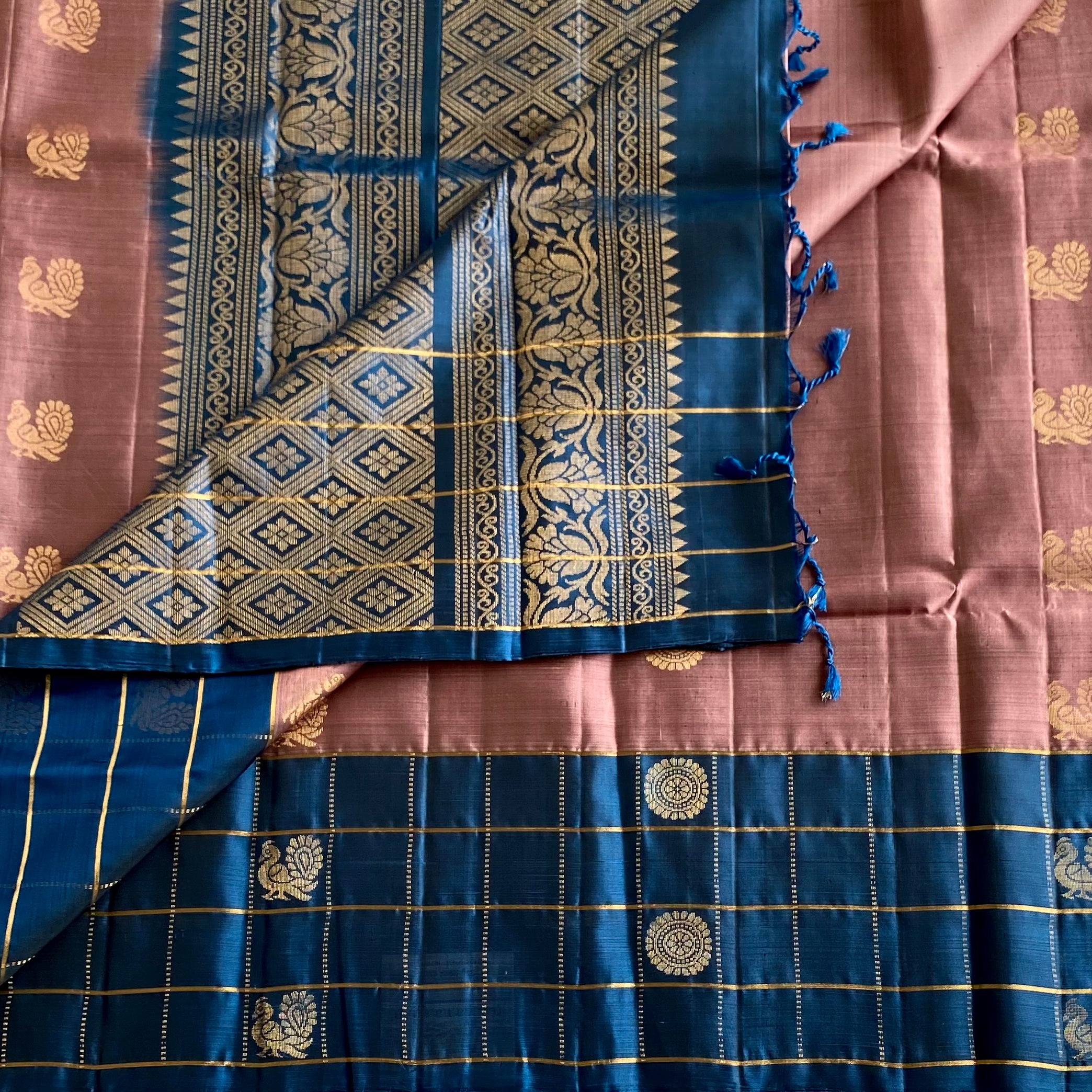Metallic Dusty Rose Designer Pure Silk Saree With Rich Checkered Blue