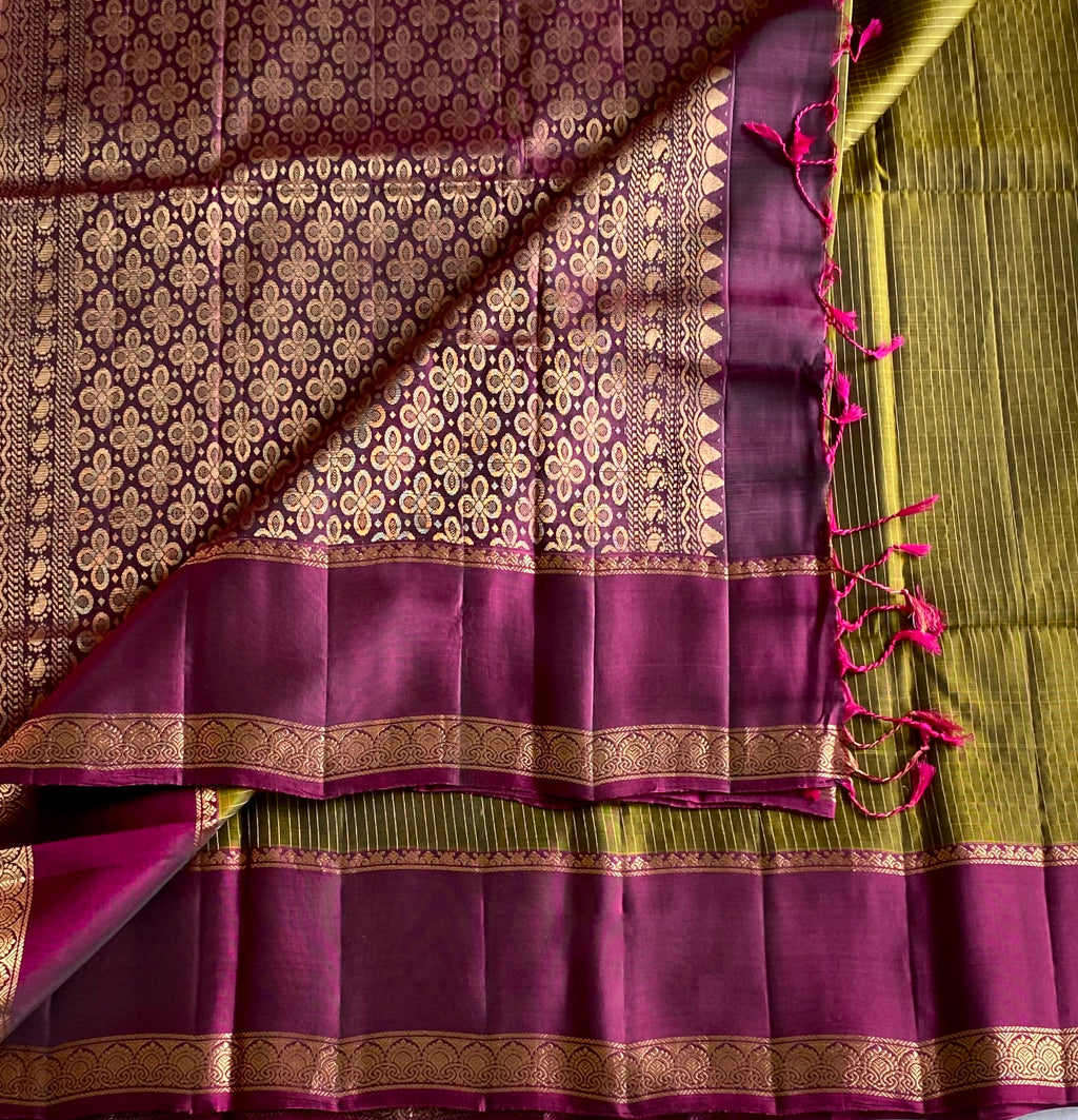 Deep Magenta Silk Saree Gold Zari Floral Motifs Olive Border