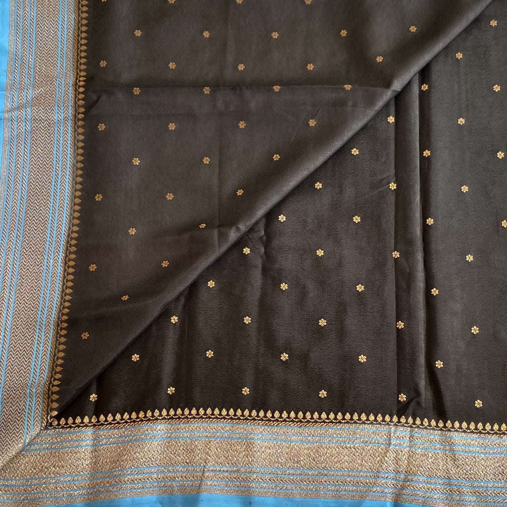 Jet Black Banarasi Crepe Silk Saree With Turquoise Blue Border