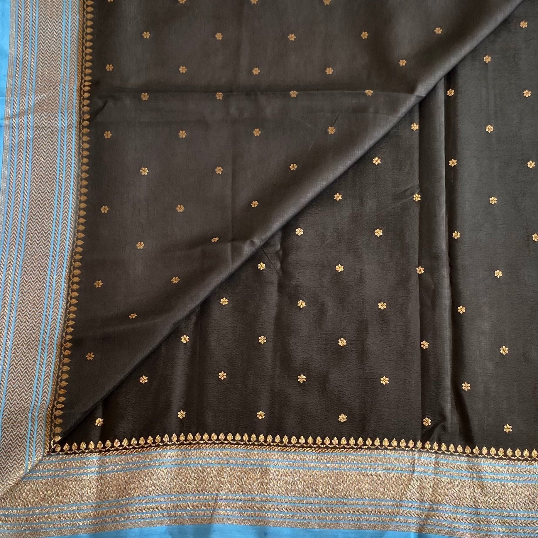 Jet Black Banarasi Crepe Silk Saree With Turquoise Blue Border