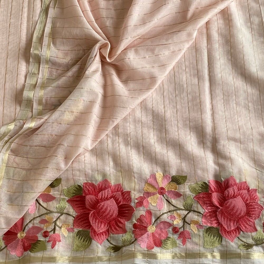 Blush Pink Soft Tussar Silk Saree With Coral Pink Embroidery
