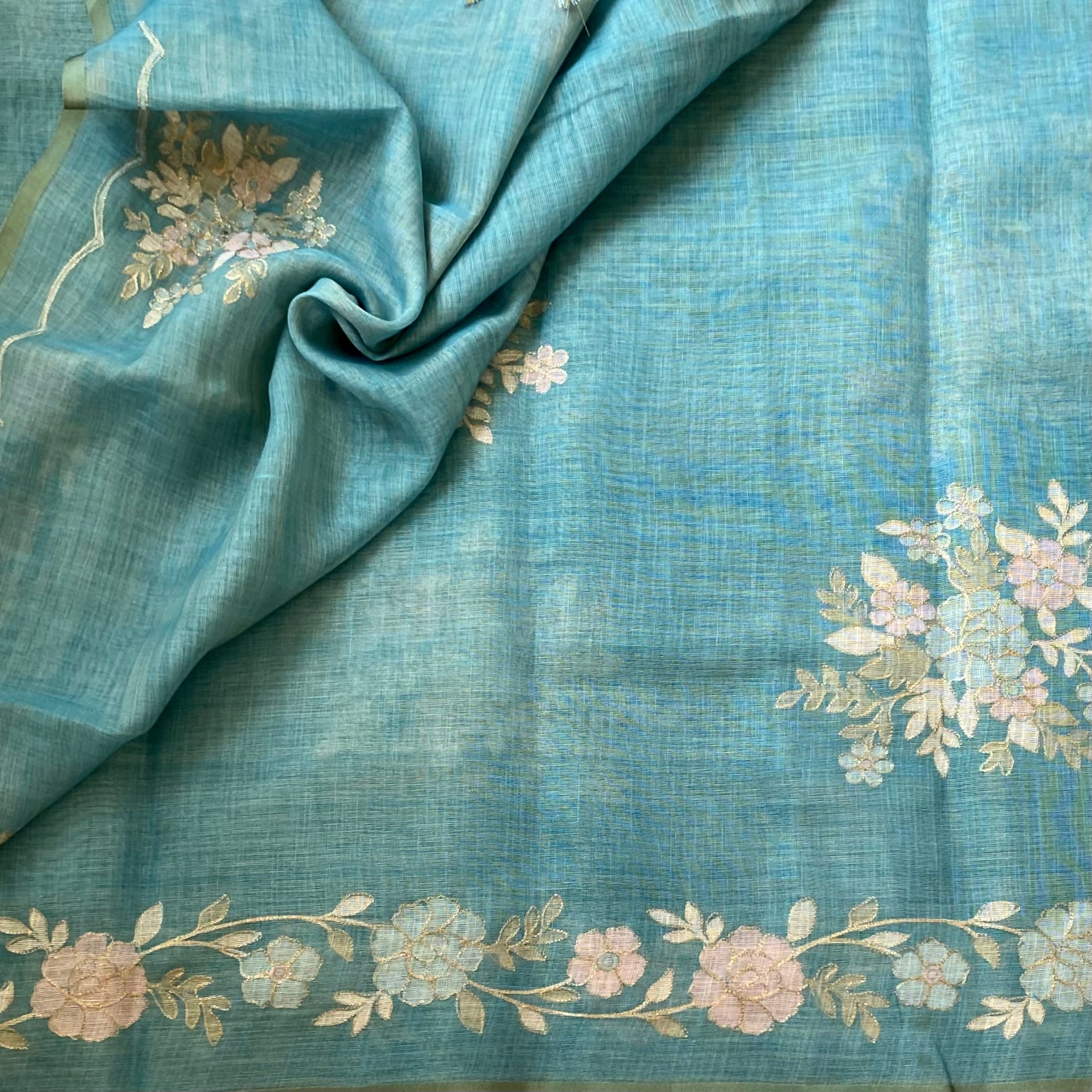 Teal Floral Embroidered Saree Gold Zari Tassel Edges Elegant Festive