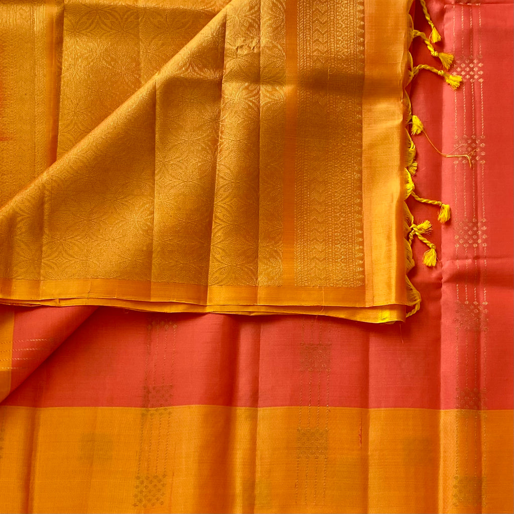 Coral Peach Designer Pure Silk with mustard Orange Lightweight Beauty