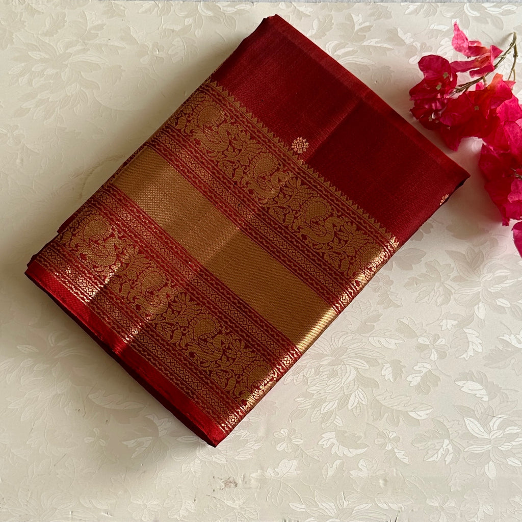 Wine Maroon Designer Pure Silk Saree Antique Gold Zari Border Contrast Pallu