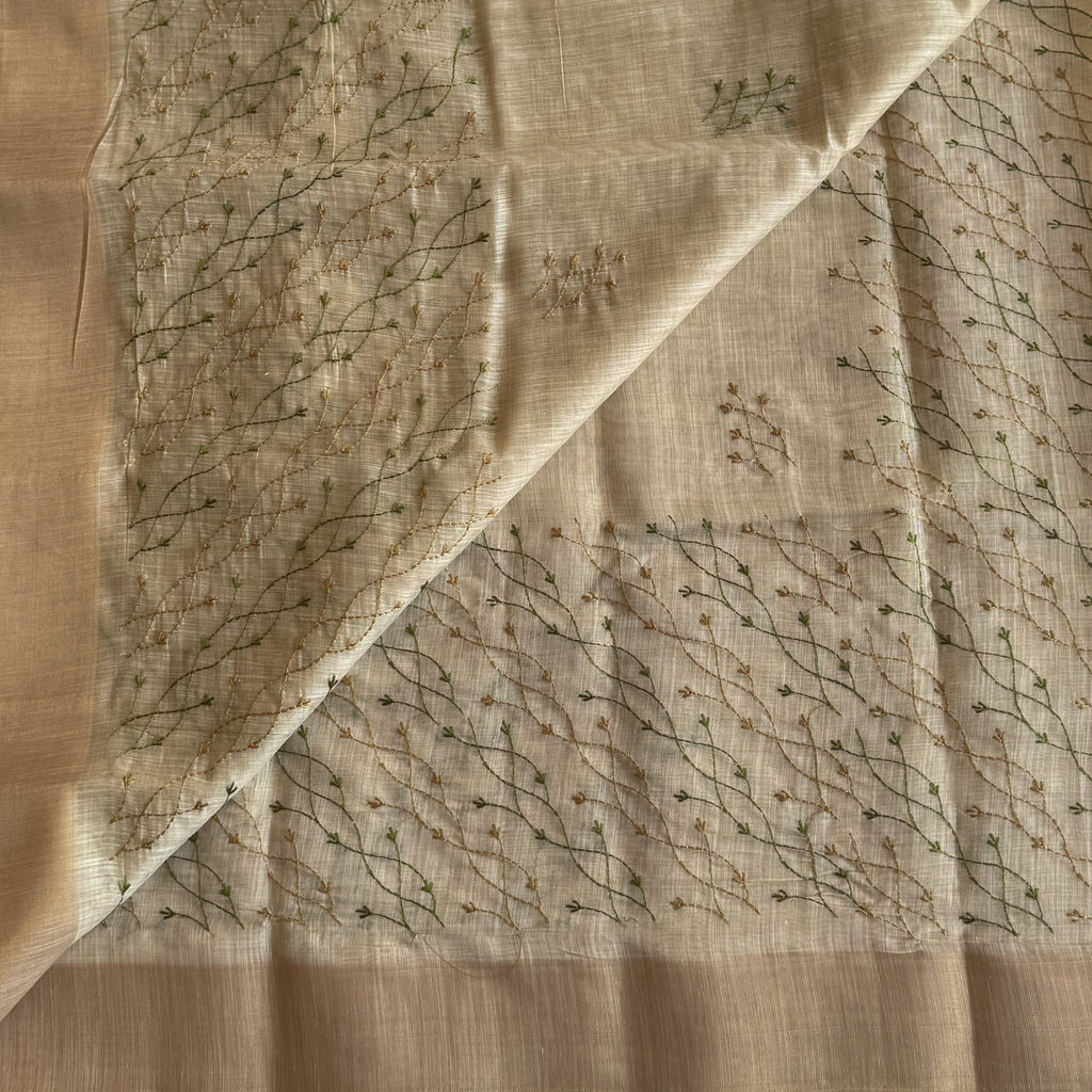 Ivory Taupe Vine Embroidered Saree Lightweight Fringed Pallu Elegant Traditional