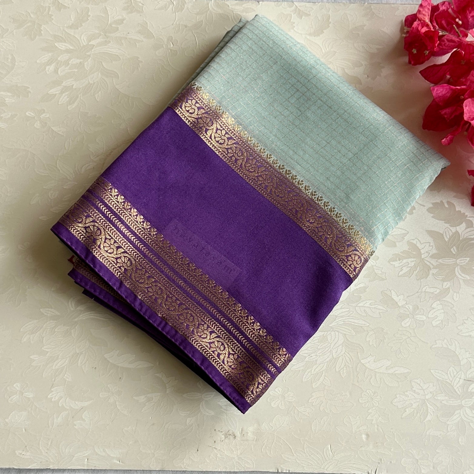 Mint Green Saree With Purple Pallu Gold Brocade Festive Wear